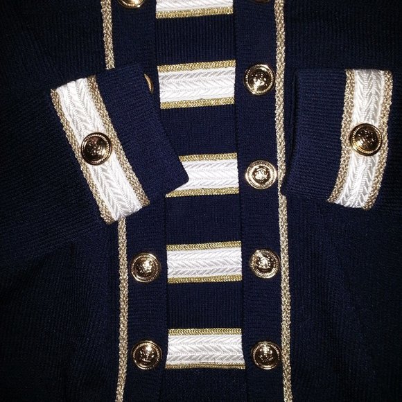 St John Collection By Marie Gray stripped Navy Crop Top Cardigan Jacket sz 6 - Picture 3 of 9